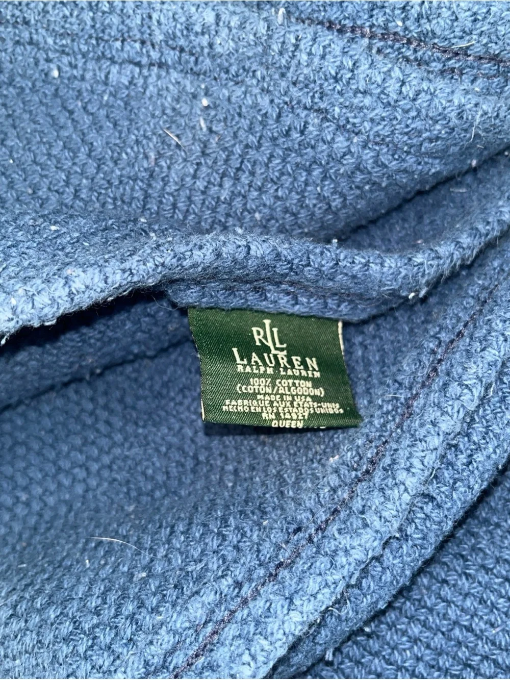 Lauren Ralph Lauren 100% Cotton  90”x90” Queen Blue Squares Waffle Blanket USA